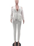 Fall Elegant White Ruffles Lace Cut Out Shoulder Long Sleeve Blazer And Pant Set