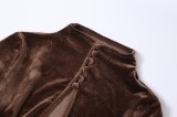 Fall Sexy Brown Velvet Keyhole Long Sleeve Zipper Split Long Dress