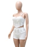 Summer Sexy White Zipper Straps Crop Top And High Waist Matching Shorts Two Piece Set