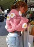 Winter Casual Flower Pink Puff Sleeve Knitted Cardigan