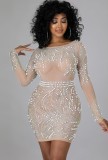 Fall Sexy Nude Beaded See Through Round Neck Long Sleeve Party Dress