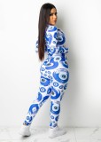 Fall Fashion Blue Print Zipper Long Sleeve Crop Top And Pant Set
