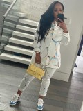 Fall Causal Print White High Neck Long Sleeve Loose Blouse And Matching Pants Set