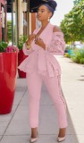 Fall Elegant Pink Ruffles Lace Cut Out Shoulder Long Sleeve Blazer And Pant Set