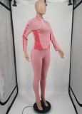 Fall Pink Zipper Collar Contast Long Sleeve Top And Pant Tracksuit