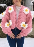 Winter Casual Flower Pink Puff Sleeve Knitted Cardigan
