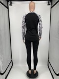 Fall Casual Black With Leopard Print Raglan Sleeve Top And Pant Set