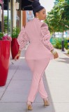 Fall Elegant Pink Ruffles Lace Cut Out Shoulder Long Sleeve Blazer And Pant Set