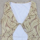 Fall Sexy Khaki Stripes Print Plunge Neck Sleeveless Slim Jumpsuit