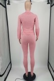 Fall Pink Zipper Collar Contast Long Sleeve Top And Pant Tracksuit