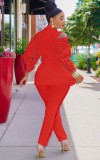 Fall Elegant Red Ruffles Lace Cut Out Shoulder Long Sleeve Blazer And Pant Set