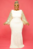 Fall Elegant Gold Sequins Puff Sleeve White Mermaid Evening Dress