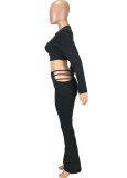 Fall Trendy Black Long sleeve Crop Top and Hollow Out Pants Set