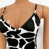 Fall Sexy Black Print V-neck Straps Maxi Dress