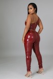Fall Sexy Red One Shoulder Sleeveless PU Leather Crop Top and Matching High Waist Zipper Pants Set