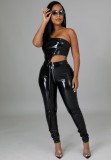 Fall Sexy Black One Shoulder Sleeveless PU Leather Crop Top and Matching High Waist Zipper Pants Set