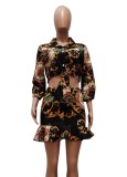 Fall Sexy Black Floral Print Tied Blouse and Mini Ruffled Skirt Set