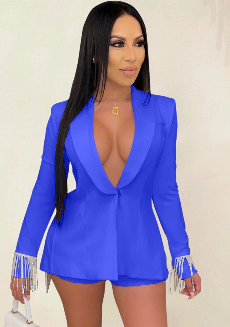 Wholesale Fall Blue Unique Tassels Blazer and Shorts Set Global Lover