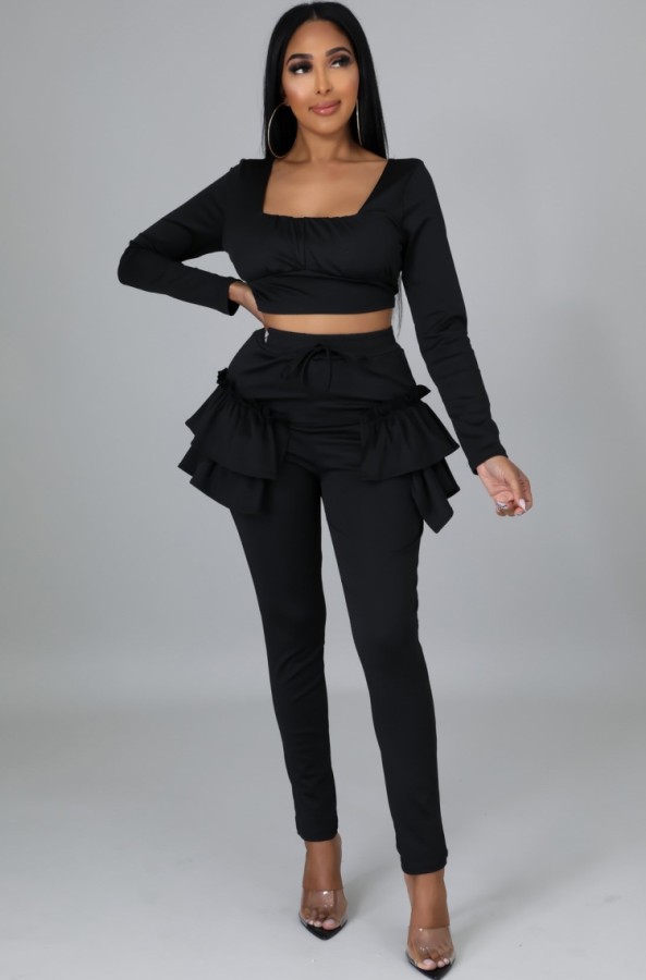 Fall Sexy Black Square Neck Long Sleeve Crop Top and Fitted Ruffled Pants