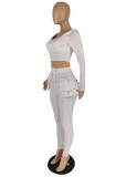 Fall Sexy White Square Neck Long Sleeve Crop Top and Fitted Ruffled Pants