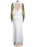 Fall Elegant Gold Sequins Puff Sleeve White Mermaid Evening Dress