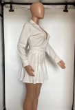 Fall Sexy White Turndown Collar Long Sleeve Crop Blouse and Pleated Skirt Set