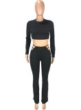 Fall Trendy Black Long sleeve Crop Top and Hollow Out Pants Set