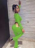 Fall Trendy Green Long sleeve Crop Top and Hollow Out Pants Set