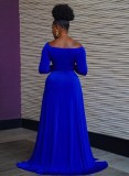 Fall Sexy Blue Off Shoulder Long Sleeve High Split Evening Dress