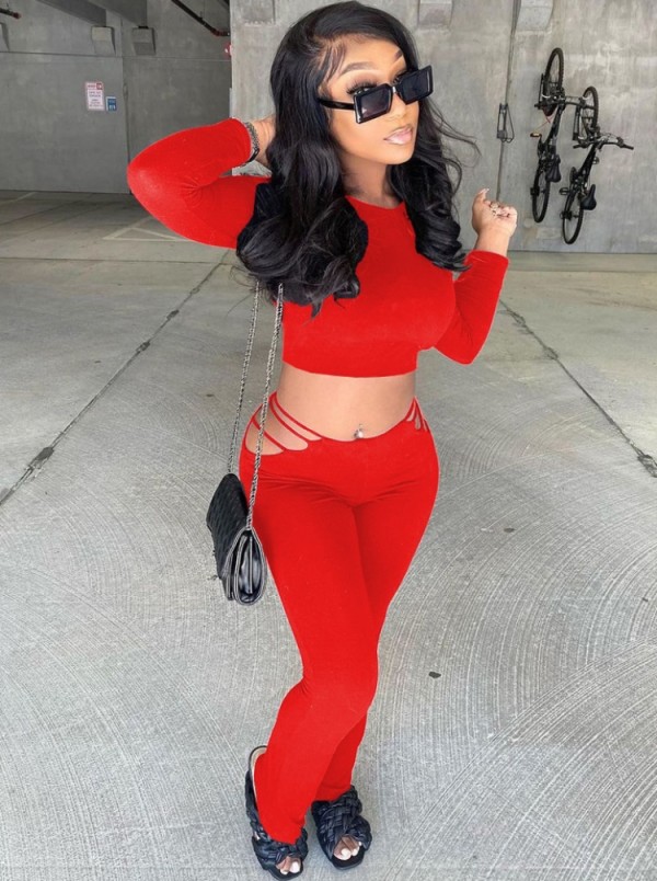 Fall Trendy Red Long sleeve Crop Top and Hollow Out Pants Set