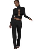 Fall Black Hollow Out High Neck Long SLeeve Blouse and Matching Pants Set