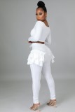 Fall Sexy White Square Neck Long Sleeve Crop Top and Fitted Ruffled Pants