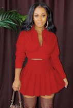 Fall Sexy Red Turndown Collar Long Sleeve Crop Blouse and Pleated Skirt Set