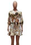 Fall Sexy White Floral Print Tied Blouse and Mini Ruffled Skirt Set