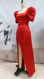 Fall Elegant Red Square Neck Puff Sleeve High Split Evening Dress