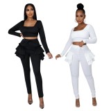 Fall Sexy Black Square Neck Long Sleeve Crop Top and Fitted Ruffled Pants