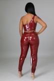 Fall Sexy Red One Shoulder Sleeveless PU Leather Crop Top and Matching High Waist Zipper Pants Set