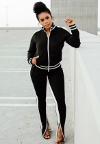 Otoño casual negro con ribete blanco recortado manga larga con cremallera y conjunto de pantalón