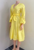 Fall Plus Size Trendy Yellow V-Neck Puff Sleeve Tied Midi Dress