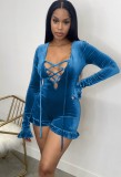 Sexy Blue Velvet Plunge Lace-Up Neck Ruffled Long Sleeve Romper