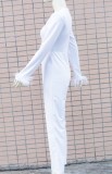 Fall Elegant White Beaded Mesh Patchwork V-Neck Fur Long Sleeve Wide Jumpsuit