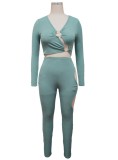 Fall Sexy Green Hollow Out Long Sleeve Crop Top And Pant Set