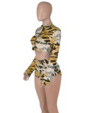 Fall Sexy Leopard Print Zipper-Open Long Sleeve Crop Top And Mini Shorts Set