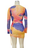 Fall Sexy Tie Dyed Long Sleeve Round Neck Bodycon Dress