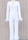 Fall Elegant White Beaded Mesh Patchwork V-Neck Fur Long Sleeve Wide Jumpsuit