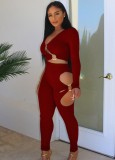 Fall Sexy Red Hollow Out Long Sleeve Crop Top And Pant Set