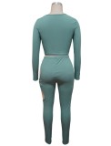 Fall Sexy Green Hollow Out Long Sleeve Crop Top And Pant Set