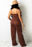 Summer Casual Dark Brown Basic Strap Vest And Sweatpants Matching Set