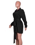 Fall Casual Black Pocket With Belt Long Sleeve Shirt Dress