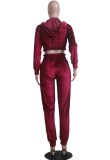 Fall Sports Red Velvet Zip Crop Hoodies And Sweatpants Set